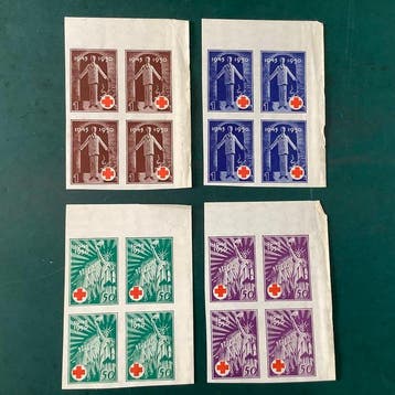 Kroatië 1945 - Rood Kruis : ongetande proeven in blok van, Gestempeld