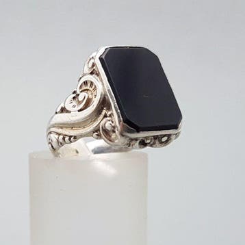 Argent, Bague-signet Art Déco, onyx - Bague