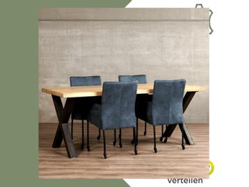 Set van 4 blauwe leren eetkamerstoelen - met wieltjes en, Ophalen of Verzenden, Nieuw, Eén