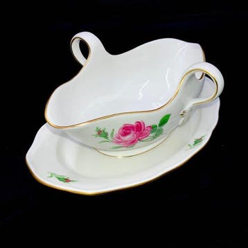 Meissen - Large Gravy Boat with Stand - Red Rose Pattern -