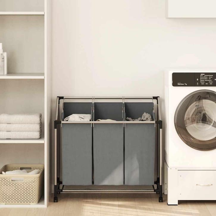 vidaXL Wasmand met wielen 3 vakken grijs, Huis en Inrichting, Woonaccessoires | Overige, Nieuw, Verzenden