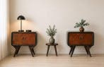 Table de chevet - Bois, Verre, Laiton - Paire de tables de