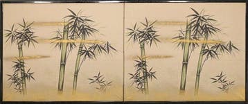 Un paravent pliant à deux panneaux en bambou - Papier, Soie,
