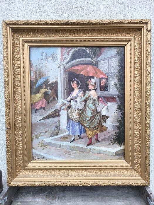 Jeanne Marie Amélie Metz Gougelet (1857-) - Une averse, Antiquités & Art, Art | Peinture | Classique
