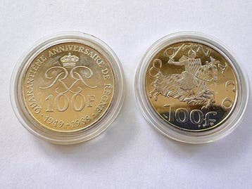 Monaco. 100 Francs 1989 en 1997 Rainier III (2 munten) (Sans, Postzegels en Munten
