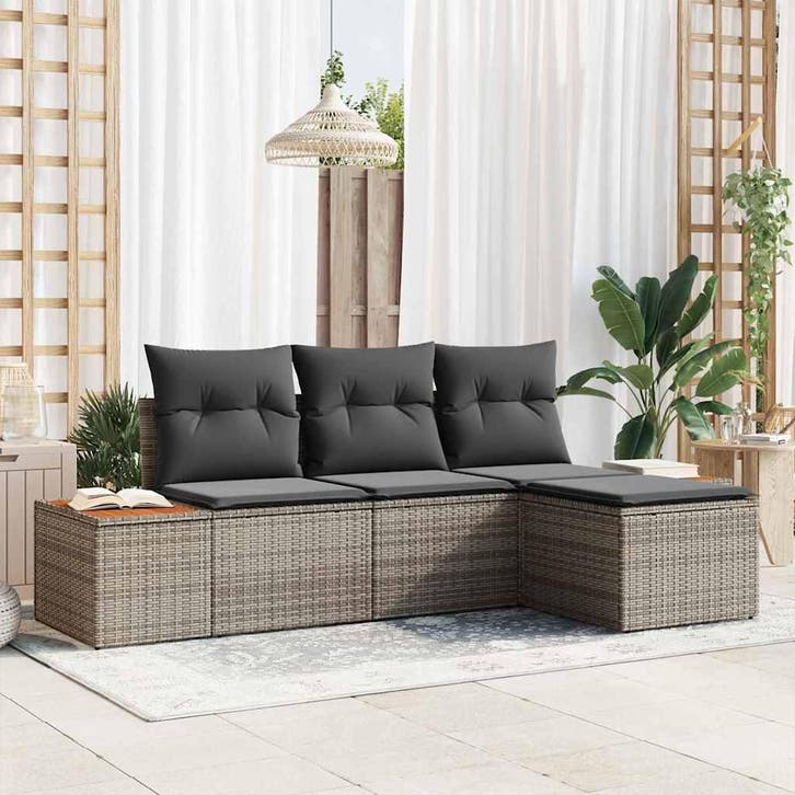 vidaXL Tuinbank Set met kussen 4 pcs Grijs Poly Riet, Tuin en Terras, Tuinsets en Loungesets, Nieuw, Verzenden