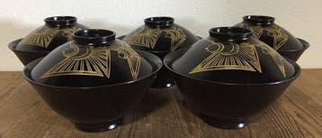 Set of 5 Japanese Wajima-nuri Lacquerware Soup Bowls with
