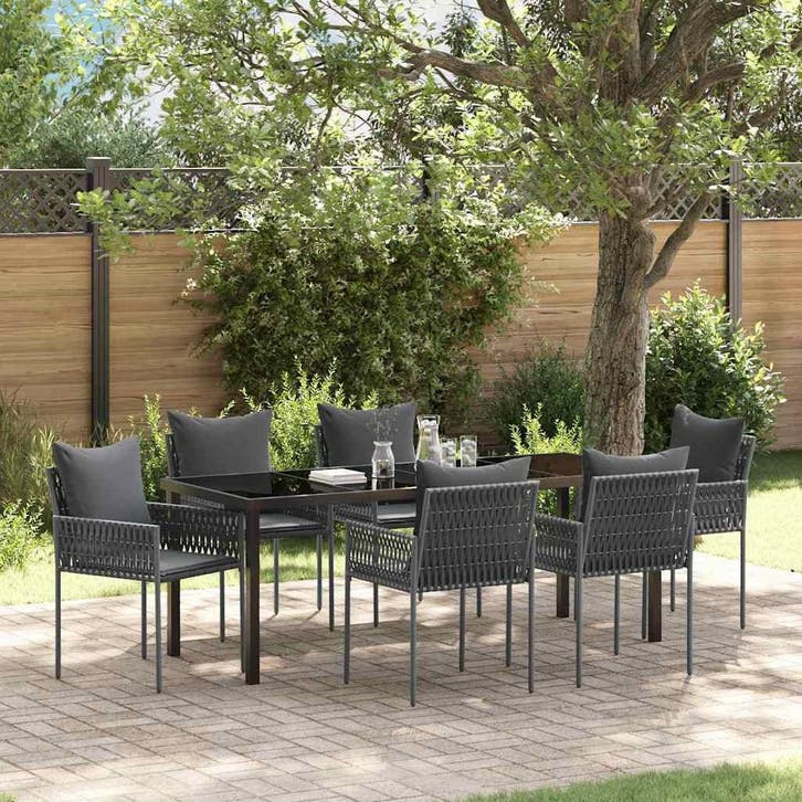 vidaXL Tuin Eettafel Set 7 st Zwart en Grijs PE Riet, Jardin & Terrasse, Ensembles de jardin, Envoi
