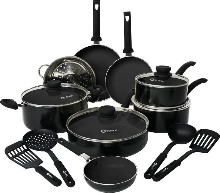 2dekans | COOCK 19-Delige Pannenset Inductie - Zwart -, Maison & Meubles, Cuisine | Casseroles & Poêles, Enlèvement ou Envoi