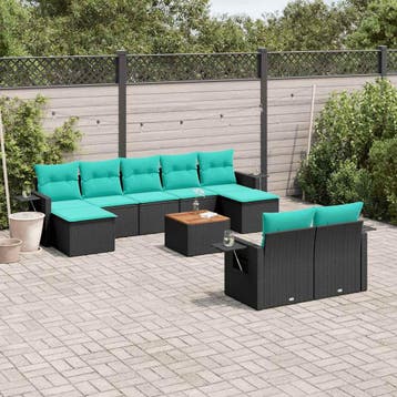 vidaXL 10-delige tuinbankset met kussens van zwart polyrotan, Verzenden, Nieuw