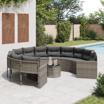 vidaXL Tuinbank met tafel en kussens rond poly rattan grijs, Tuin en Terras, Tuinsets en Loungesets, Verzenden, Nieuw