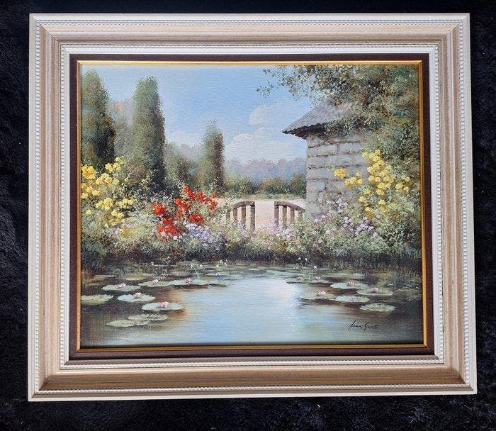 Lucia Sarto (1950) - Tuin met bloeiende bloemen en vijver, Antiek en Kunst, Kunst | Schilderijen | Klassiek