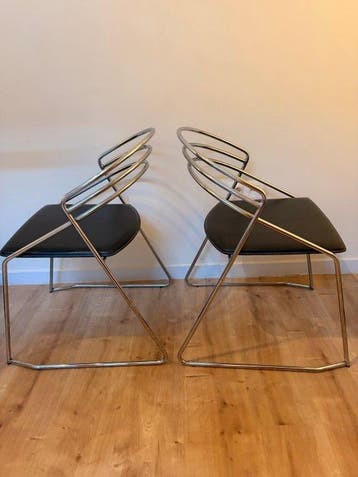 Eetkamerstoel - Leder, Chroom - Twee stoelen, Antiek en Kunst