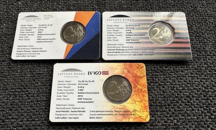 Letland. 2 Euro 2016/2022 (3 coincards) (Zonder, Timbres & Monnaies, Monnaies | Europe | Monnaies non-euro