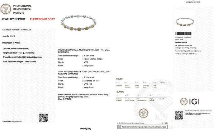 Armband - 18 karaat Witgoud - 13.64ct. tw. Geel Diamant, Bijoux, Sacs & Beauté, Bracelets