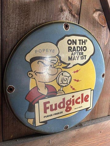 Vintage metalen wandbord met Popeye – Fudgicle radio reclame, Nieuw in verpakking