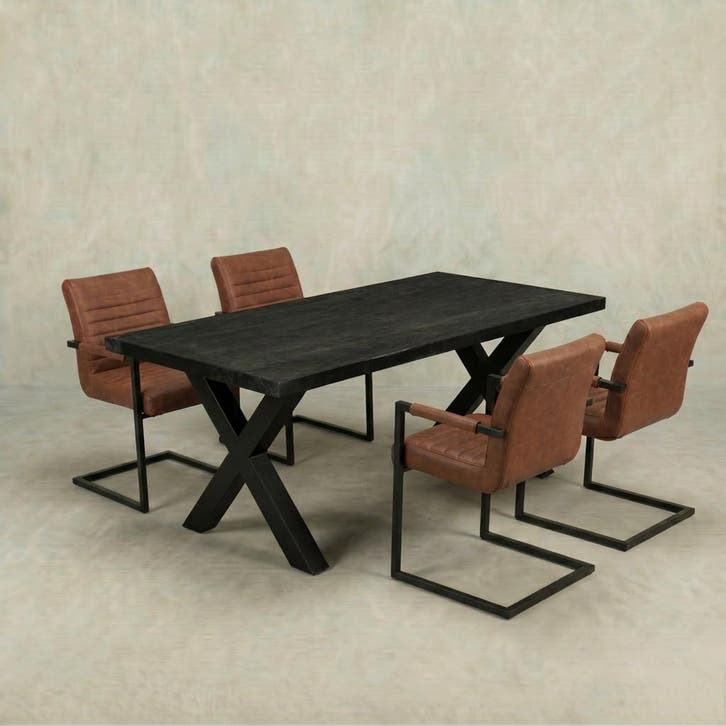 Mangohouten Eettafel Rechthoek Cedric 200x100 cm Zwart (6cm), Huis en Inrichting, Tafels | Eettafels, Nieuw, Overige houtsoorten