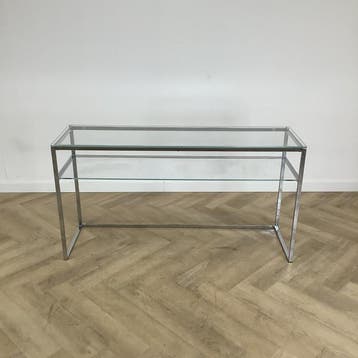 Glazen design sidetable, (hxbxd) 79x148x44 cm, glas - chroom, Gebruikt