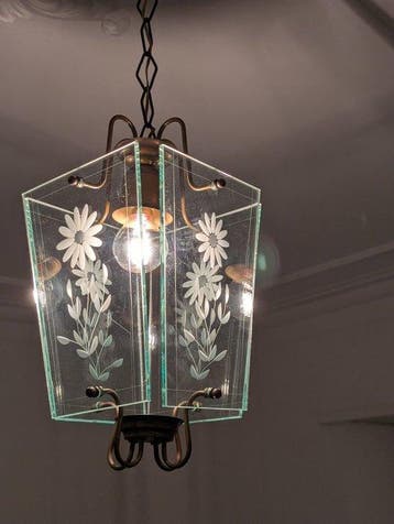 Lampe à suspendre - Laiton - Cristal gravé, Antiquités & Art