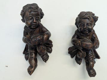 Statue, Twee putti, 18e eeuw - 29 cm - Bois, Antiek en Kunst