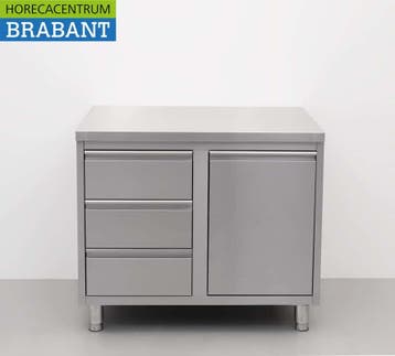 HCB RVS Werkkast Kast Werktafel Afvalbak en 3 laden 100 cm, Ophalen of Verzenden