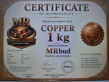 1 kilogram - Koper .999 - MRBUD - Met certificaat (Zonder
