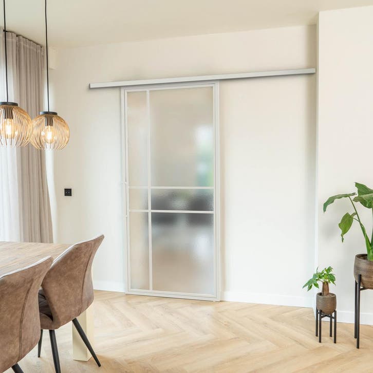 Stalen Schuifdeur met koofsysteem Wit 6 Vlaks Kathedraalglas, Doe-het-zelf en Bouw, Raamkozijnen en Schuifdeuren, Inclusief glas