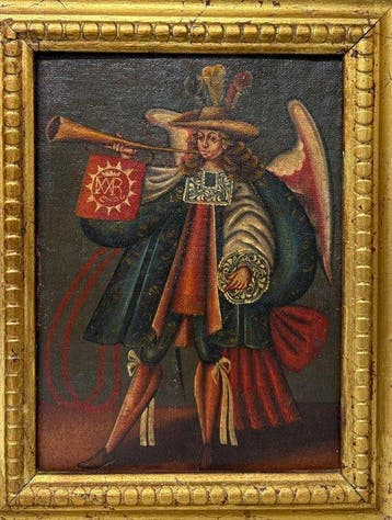 Escuela Cuzqueña (XIX - XX) - Ángel trompetero abanderado, Antiek en Kunst