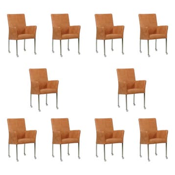 Set van 10 Leren eetkamerstoelen Comfort met wieltjes en, Ophalen of Verzenden