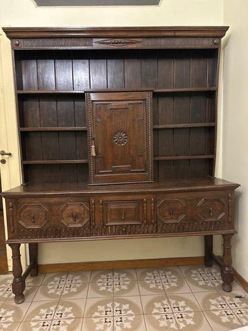 Hoog dressoir - Hout - Hoge dressoir met bordenrek, Antiek en Kunst