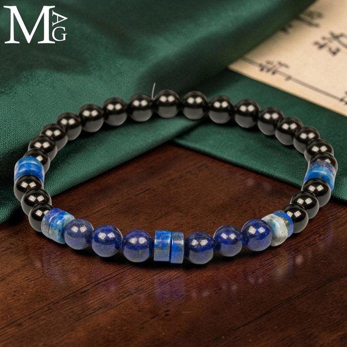 Elastische armband met zwarte onyx, lapislazuli kralen en, Antiquités & Art, Curiosités & Brocante