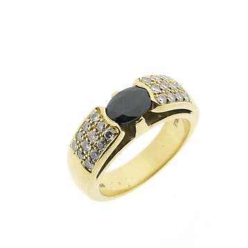 Gouden ring met saffier en diamant; 0,48 ct., 18 tot 19, Gebruikt, Ophalen of Verzenden, Met edelsteen