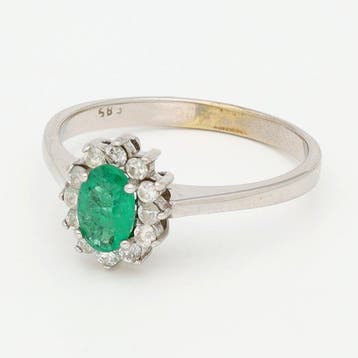 Bague - 14 carats Or blanc Diamant (Naturelle) - émeraude