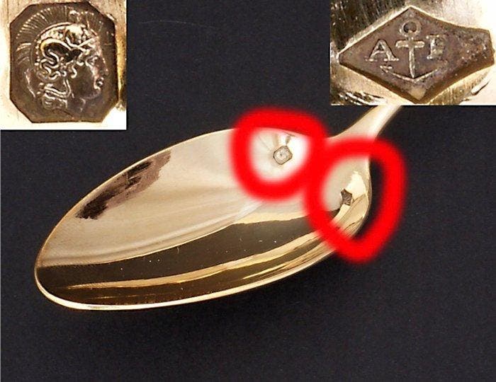Lepeldoos (7) - Frankrijk - Vermeil Set van 6 Magnifieke, Antiek en Kunst, Antiek | Zilver en Goud