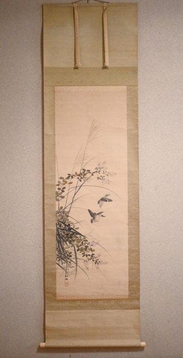 Herfstgrassen en twee kleine vogels - hangende rol -, Antiek en Kunst, Antiek | Overige Antiek
