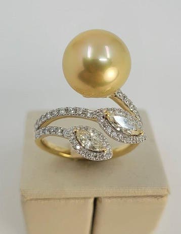 Bague - 18 carats Or jaune, Perle des Mers du Sud ronde