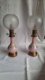 Petroleumlamp (2) - Verguld messing, Opaline glas