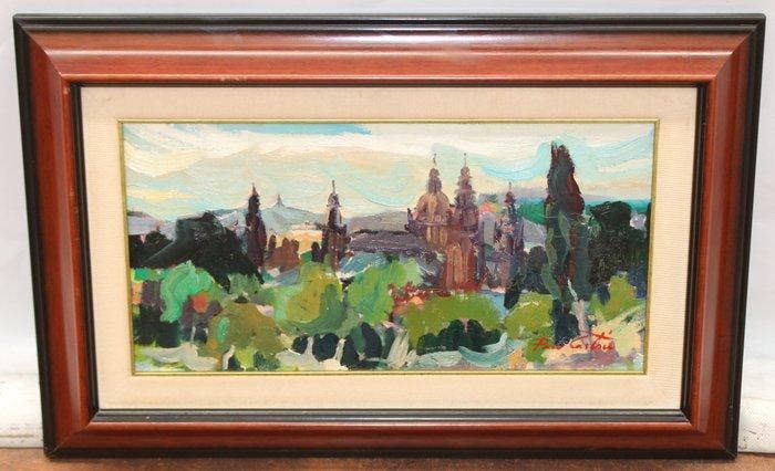 Paco Castón (XX) - Atardecer en Montjuich - NO RESERVE, Antiek en Kunst, Kunst | Schilderijen | Klassiek