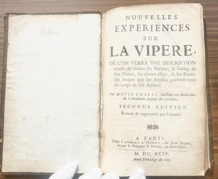 Moyes Charas - Nouvelles Expériences sur la Vipère . Rare, Antiek en Kunst, Antiek | Boeken en Manuscripten