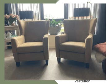Set van 2 leren oorfauteuils met houten poten - bruin leer, Ophalen of Verzenden, Nieuw