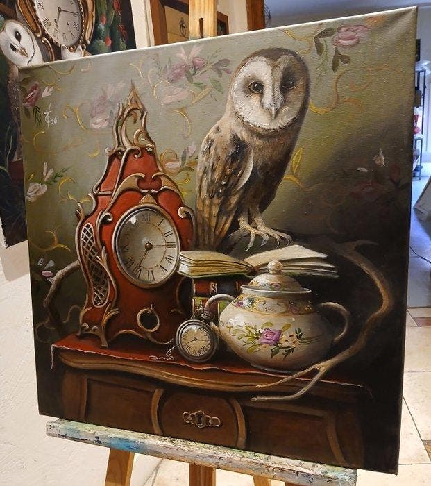 Valentina Toma aka Zoe Chigi - The red table clock, Antiquités & Art, Art | Peinture | Moderne