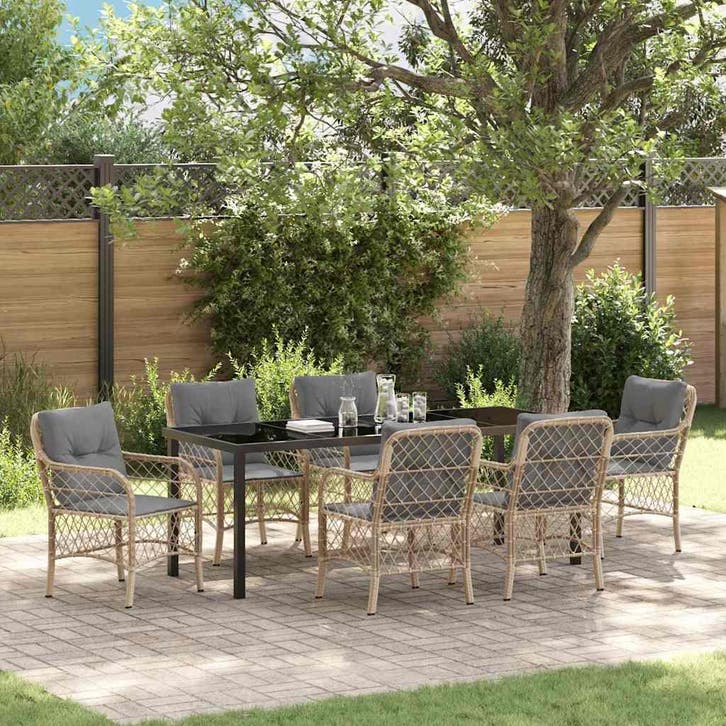 vidaXL Tuin Eettafel Set 7 st Beige poly rattan, Tuin en Terras, Tuinsets en Loungesets, Nieuw, Verzenden