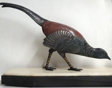 Sculpture, art deco fazant en kuiken - 52.5 cm - Métal,