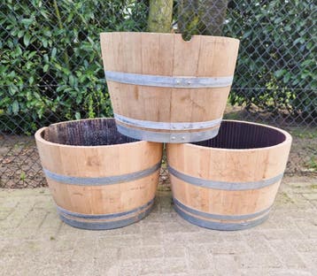 Eikenhouten bloembakken - wijnvat - whiskyvat - plantenbak, Rond, Nieuw, Ophalen of Verzenden, Balkon