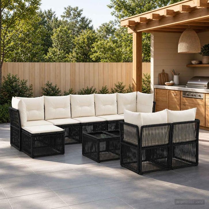 vidaXL Tuinbank Set 10 st Zwart poly rattan, Tuin en Terras, Tuinsets en Loungesets, Nieuw, Verzenden