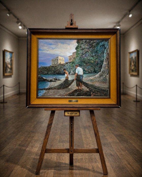 École européenne (XX) - Pêcheurs sur le rivage, Antiek en Kunst, Kunst | Schilderijen | Klassiek