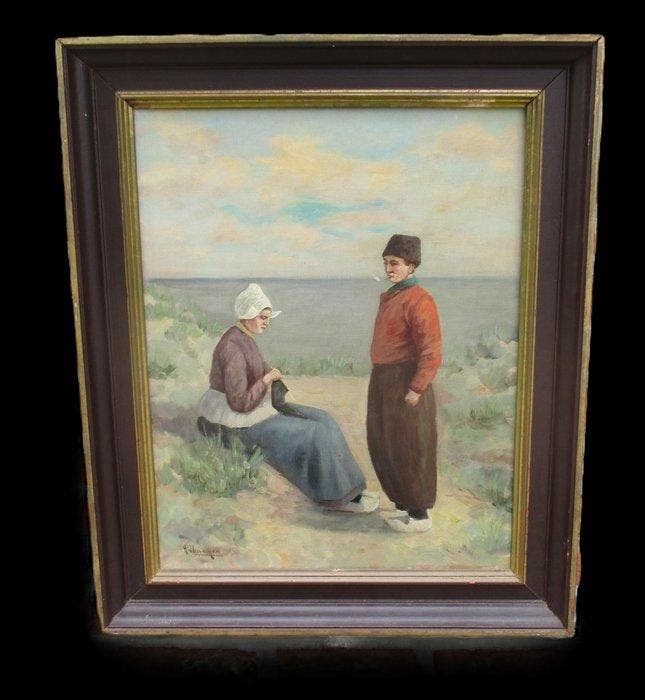 Hendrikus Van Langen (1874-1964) - Vollendams koppel aan zee, Antiek en Kunst, Kunst | Schilderijen | Klassiek