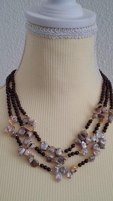 Granaat - Zilver - Kraagketting - Granaat en parels, Verzamelen, Mineralen en Fossielen