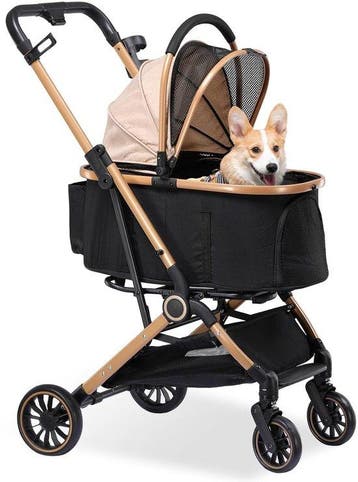 Hondenbuggy Klapbaar 25 kg - 360° Draaibaar 4-in-1 - Goud -, Dieren en Toebehoren, Verzenden, Nieuw