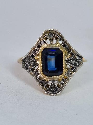 Zonder minimumprijs - Ring - 9 kt. Zilver, Geel goud Saffier